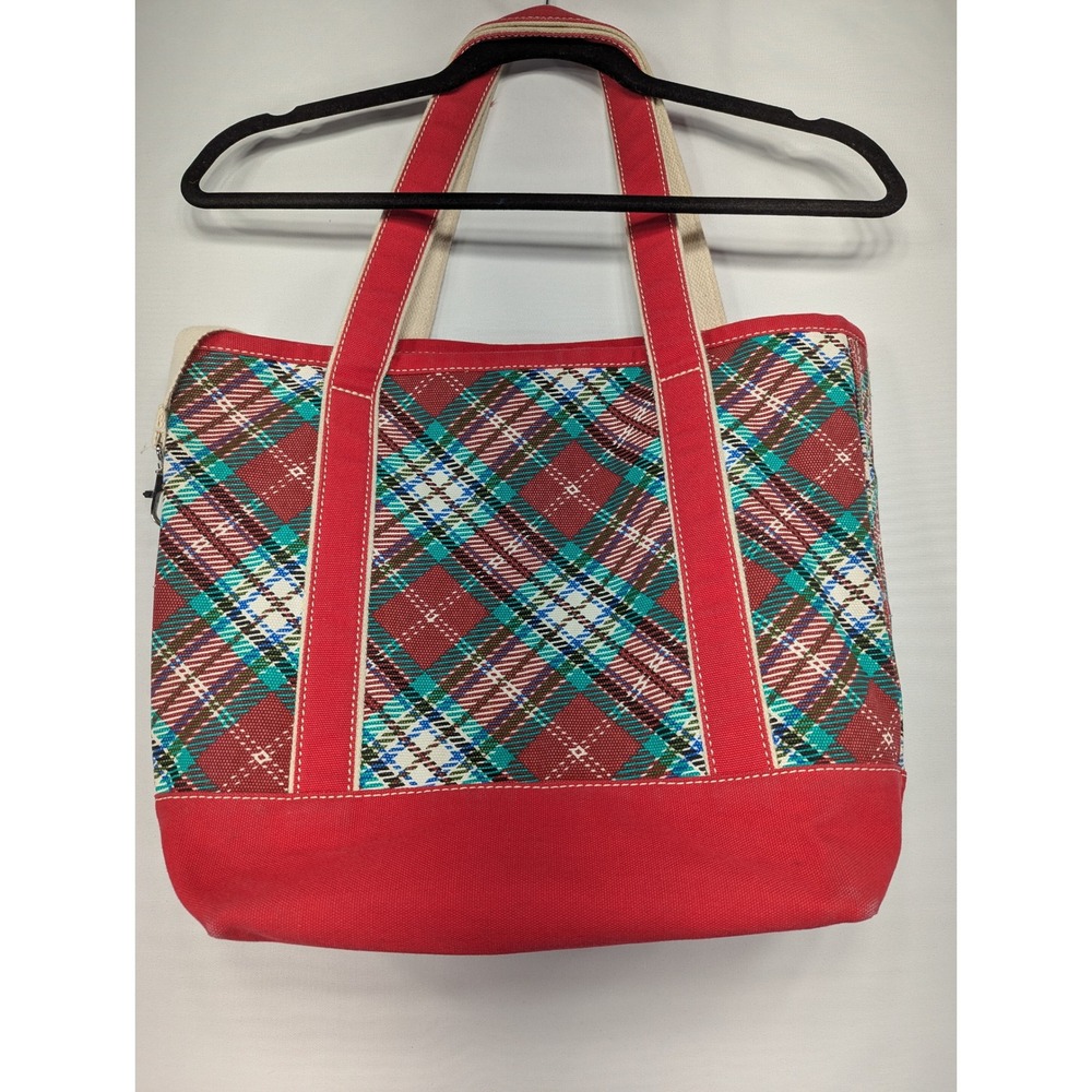 Lands End Red Plaid‎ Canvas Zipper Top Tote Bag Monogram JD Blue - Picture 2 of 10